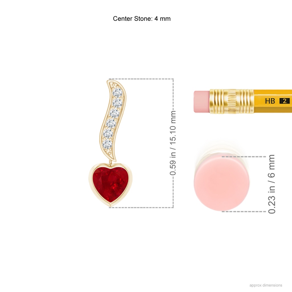 4mm AAA Heart-Shaped Ruby and Diamond Swirl Drop Earrings in Yellow Gold ruler