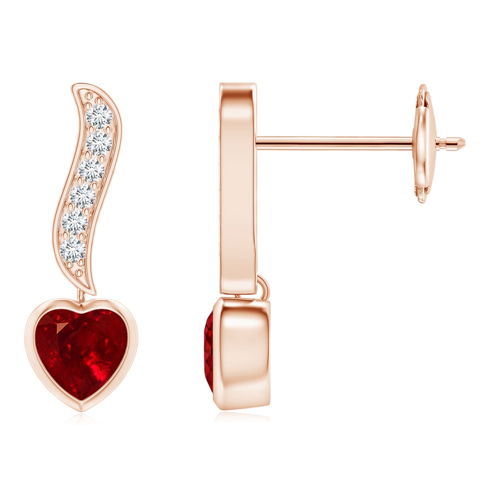 4mm AAAA Heart-Shaped Ruby and Diamond Swirl Drop Earrings in Rose Gold