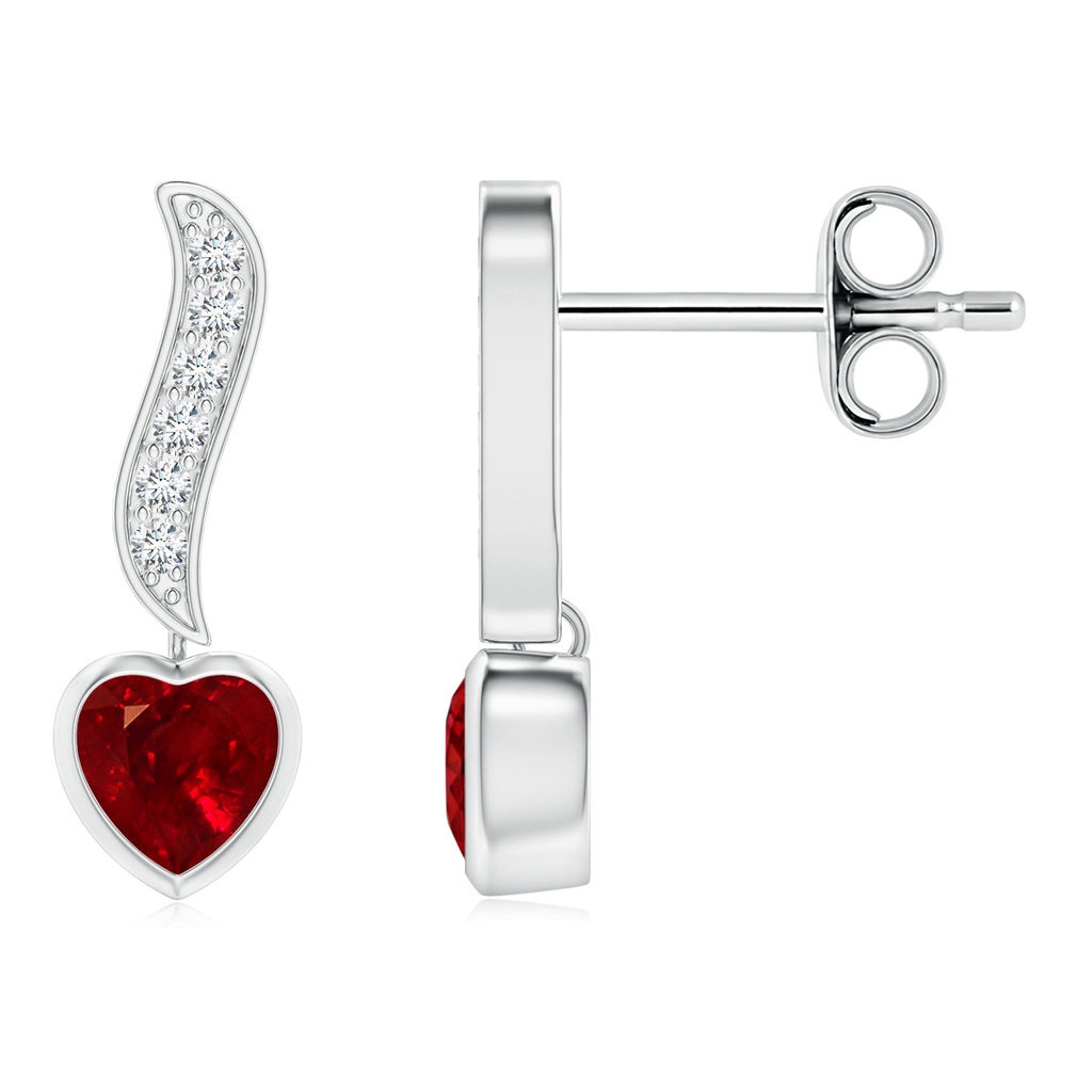 4mm AAAA Heart-Shaped Ruby and Diamond Swirl Drop Earrings in S999 Silver