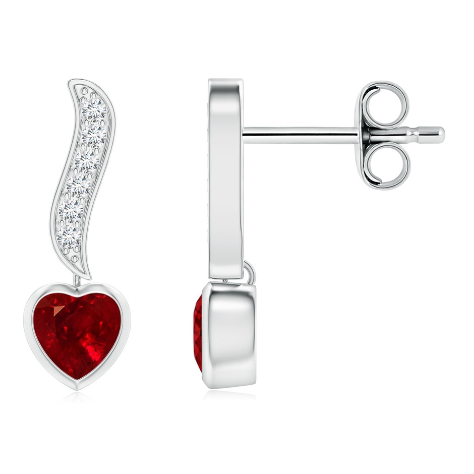 4mm AAAA Heart-Shaped Ruby and Diamond Swirl Drop Earrings in S999 Silver 