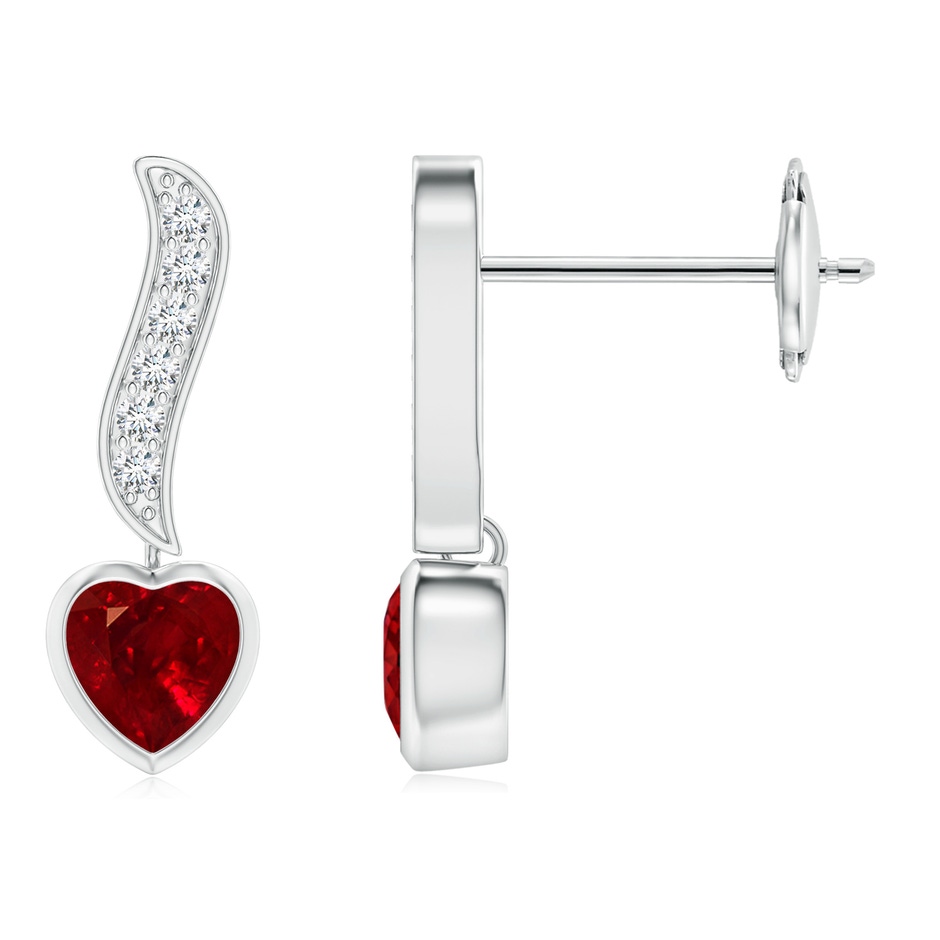 4mm AAAA Heart-Shaped Ruby and Diamond Swirl Drop Earrings in White Gold 