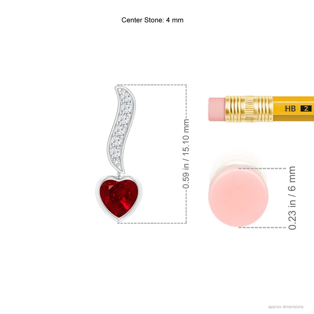 4mm AAAA Heart-Shaped Ruby and Diamond Swirl Drop Earrings in White Gold ruler