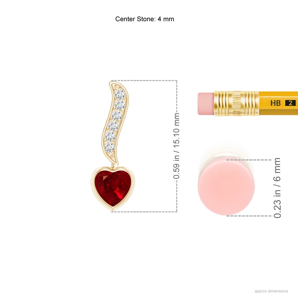 4mm AAAA Heart-Shaped Ruby and Diamond Swirl Drop Earrings in Yellow Gold ruler