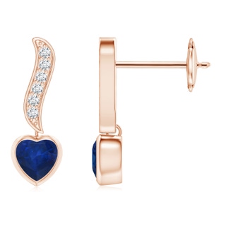 4mm AA Heart-Shaped Blue Sapphire and Diamond Swirl Drop Earrings in Rose Gold