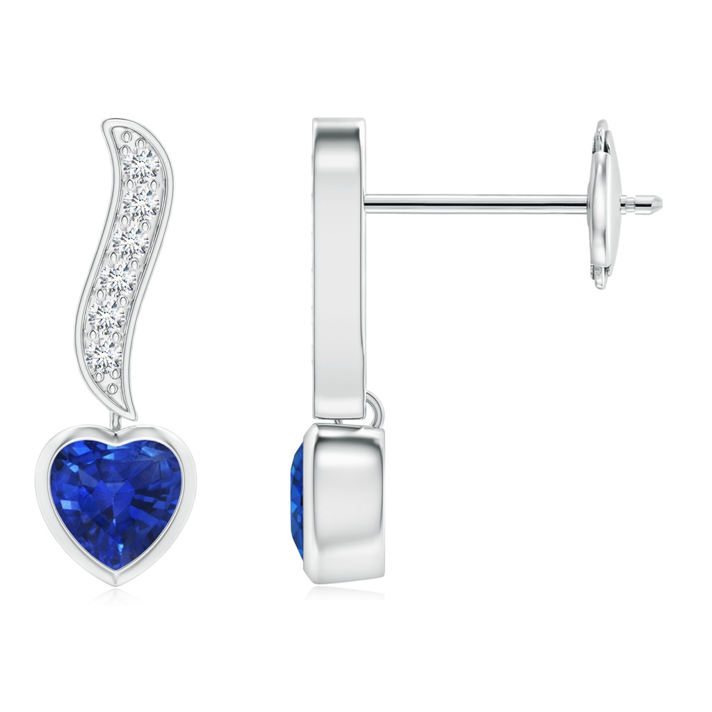 4mm AAA Heart-Shaped Blue Sapphire and Diamond Swirl Drop Earrings in White Gold