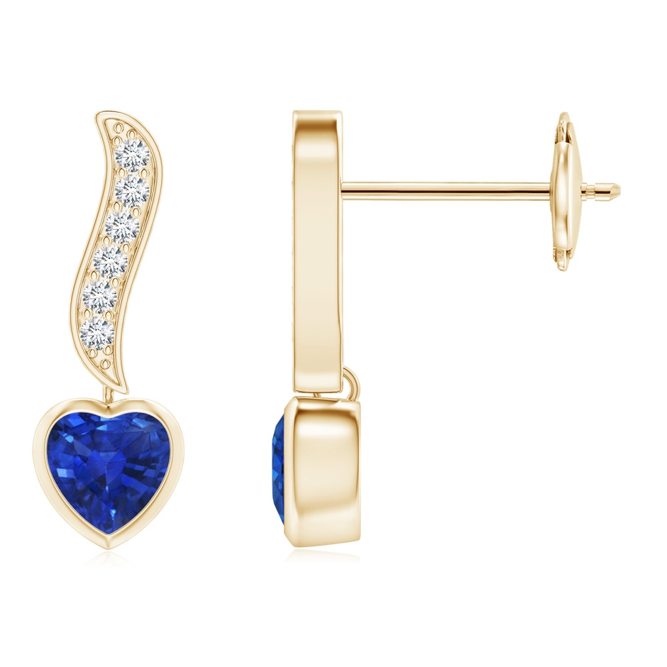 4mm AAA Heart-Shaped Blue Sapphire and Diamond Swirl Drop Earrings in Yellow Gold 