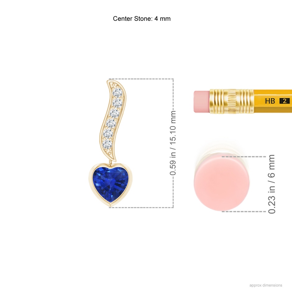 4mm AAA Heart-Shaped Blue Sapphire and Diamond Swirl Drop Earrings in Yellow Gold ruler