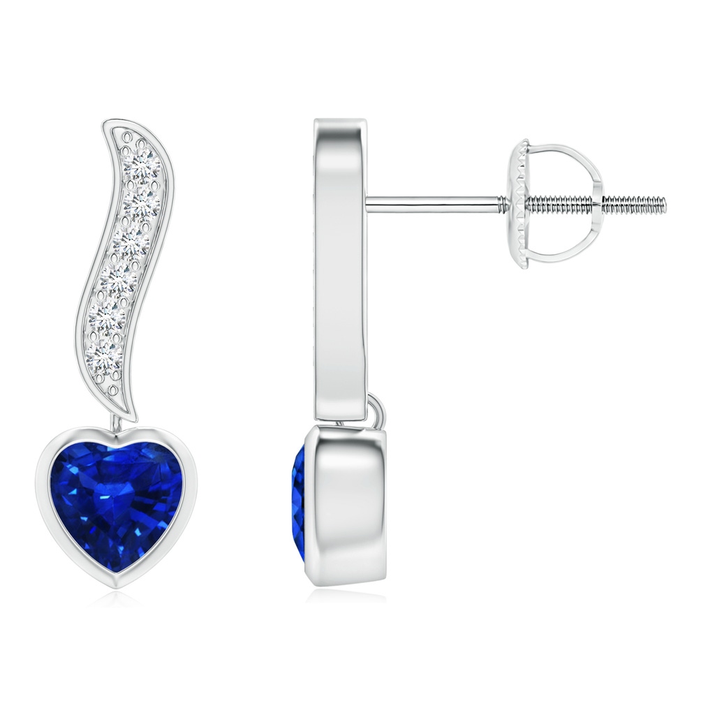 4mm AAAA Heart-Shaped Blue Sapphire and Diamond Swirl Drop Earrings in P950 Platinum