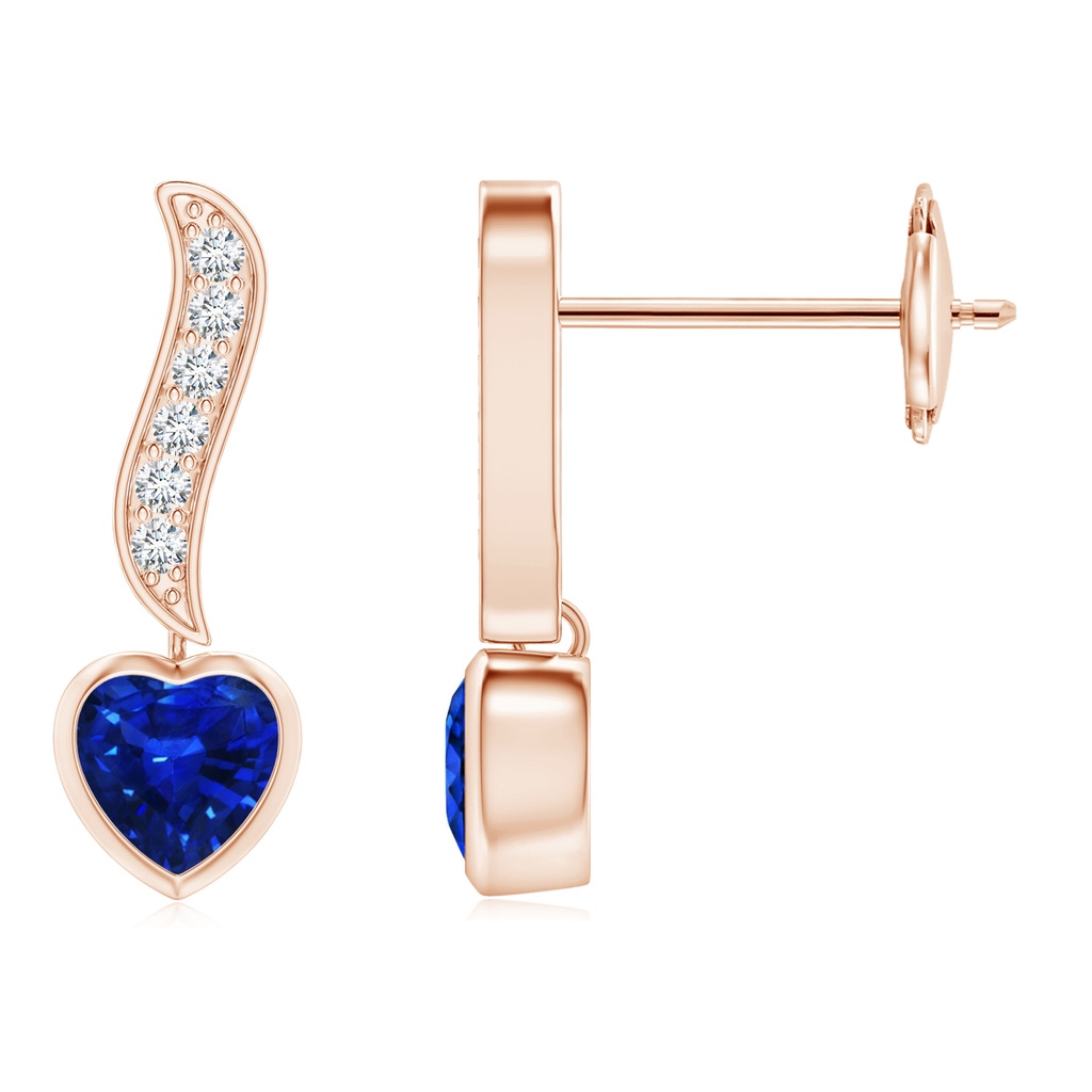 4mm AAAA Heart-Shaped Blue Sapphire and Diamond Swirl Drop Earrings in Rose Gold