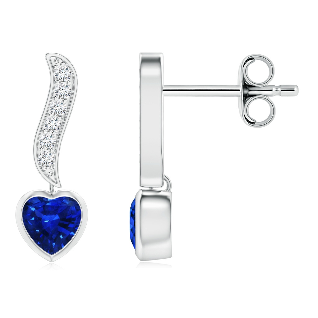 4mm AAAA Heart-Shaped Blue Sapphire and Diamond Swirl Drop Earrings in S999 Silver