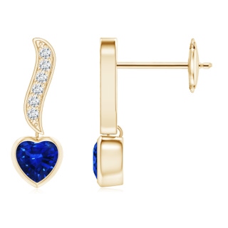 4mm AAAA Heart-Shaped Blue Sapphire and Diamond Swirl Drop Earrings in Yellow Gold