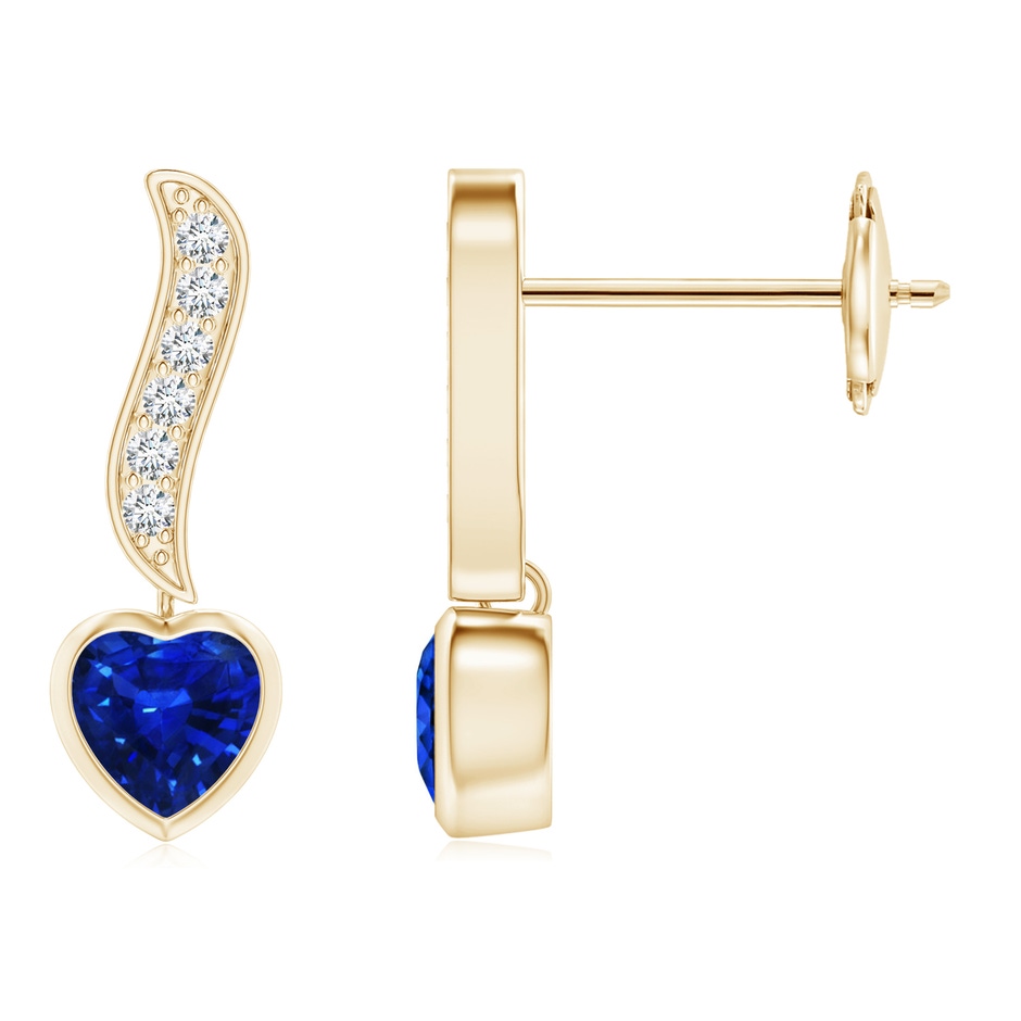 4mm AAAA Heart-Shaped Blue Sapphire and Diamond Swirl Drop Earrings in Yellow Gold 