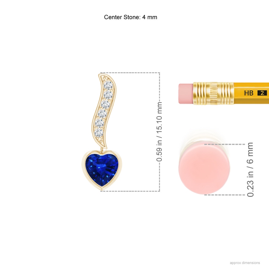 4mm AAAA Heart-Shaped Blue Sapphire and Diamond Swirl Drop Earrings in Yellow Gold ruler