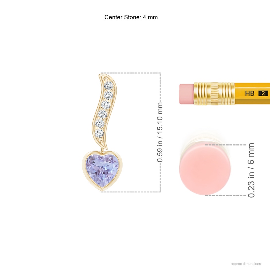 4mm A Heart-Shaped Tanzanite and Diamond Swirl Drop Earrings in Yellow Gold ruler