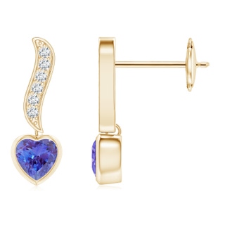 4mm AAA Heart-Shaped Tanzanite and Diamond Swirl Drop Earrings in Yellow Gold