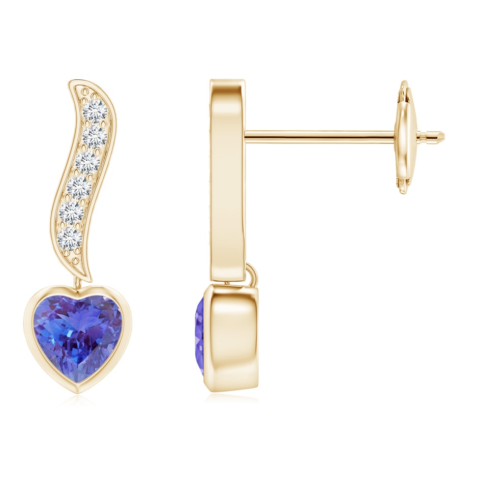 4mm AAA Heart-Shaped Tanzanite and Diamond Swirl Drop Earrings in Yellow Gold 