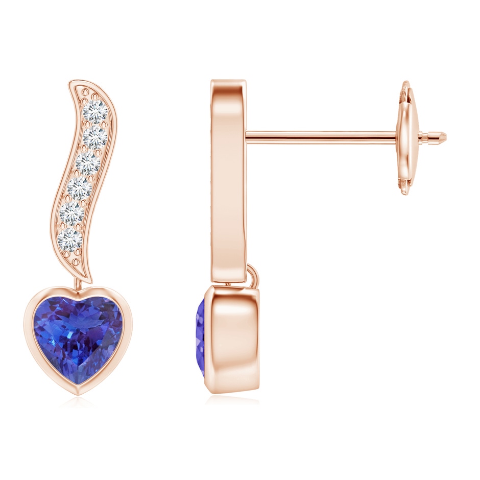 4mm AAAA Heart-Shaped Tanzanite and Diamond Swirl Drop Earrings in Rose Gold 