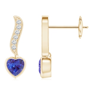 4mm AAAA Heart-Shaped Tanzanite and Diamond Swirl Drop Earrings in Yellow Gold