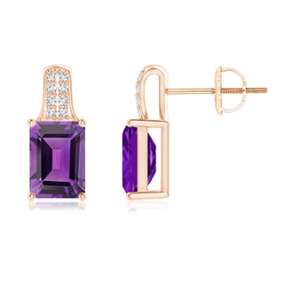 7x5mm AAA Emerald-Cut Amethyst Studs with Diamond Accents in Rose Gold