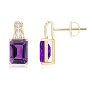 7x5mm AAA Emerald-Cut Amethyst Studs with Diamond Accents in Yellow Gold