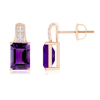 7x5mm AAAA Emerald-Cut Amethyst Studs with Diamond Accents in Rose Gold