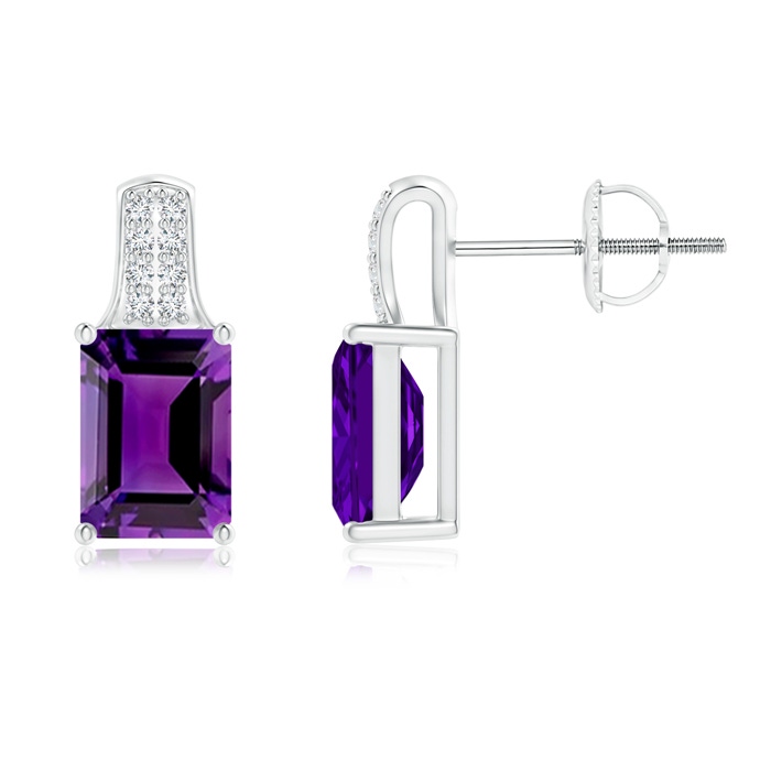 7x5mm AAAA Emerald-Cut Amethyst Studs with Diamond Accents in White Gold