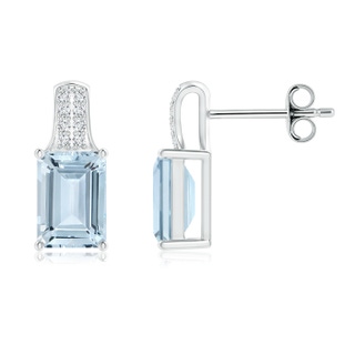 7x5mm A Emerald-Cut Aquamarine Studs with Diamond Accents in S999 Silver