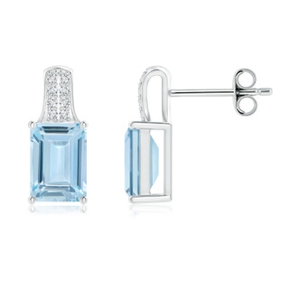 7x5mm AA Emerald-Cut Aquamarine Studs with Diamond Accents in S999 Silver