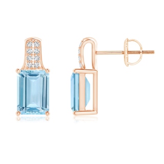 7x5mm AAA Emerald-Cut Aquamarine Studs with Diamond Accents in 9K Rose Gold