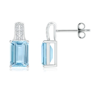 7x5mm AAA Emerald-Cut Aquamarine Studs with Diamond Accents in S999 Silver