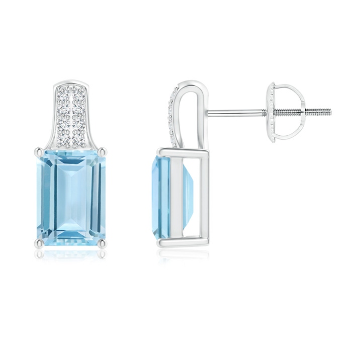 7x5mm AAA Emerald-Cut Aquamarine Studs with Diamond Accents in White Gold 