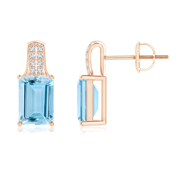 7x5mm AAAA Emerald-Cut Aquamarine Studs with Diamond Accents in Rose Gold 