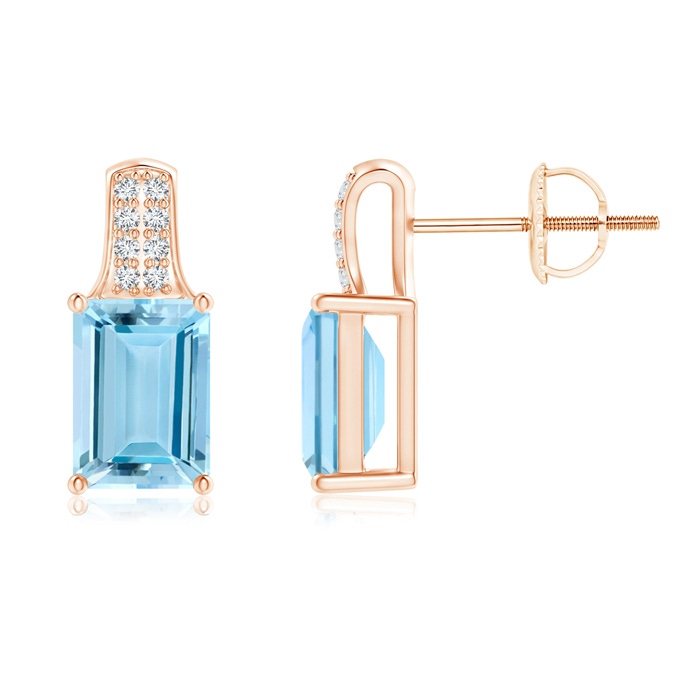 7x5mm AAAA Emerald-Cut Aquamarine Studs with Diamond Accents in Rose Gold