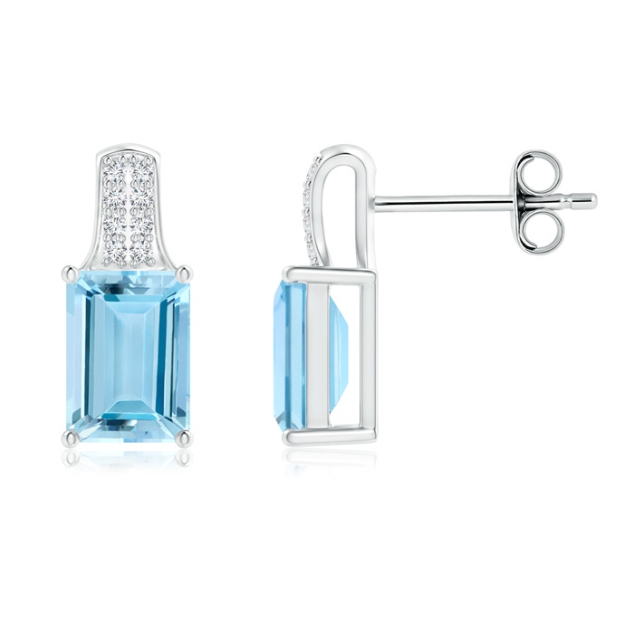 7x5mm AAAA Emerald-Cut Aquamarine Studs with Diamond Accents in S999 Silver 