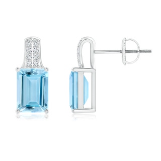 7x5mm AAAA Emerald-Cut Aquamarine Studs with Diamond Accents in White Gold