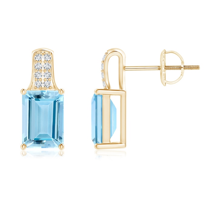 7x5mm AAAA Emerald-Cut Aquamarine Studs with Diamond Accents in Yellow Gold