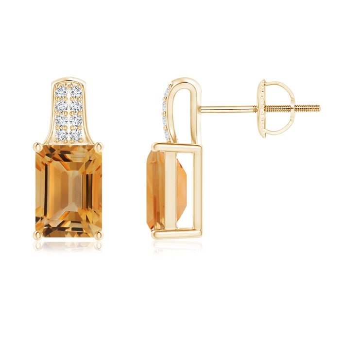 7x5mm A Emerald-Cut Citrine Studs with Diamond Accents in Yellow Gold 