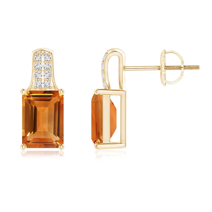 7x5mm AAA Emerald-Cut Citrine Studs with Diamond Accents in 10K Yellow Gold