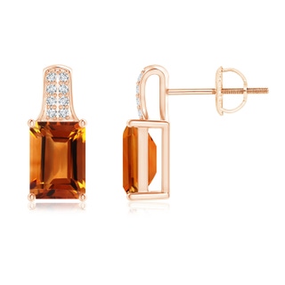 7x5mm AAAA Emerald-Cut Citrine Studs with Diamond Accents in Rose Gold