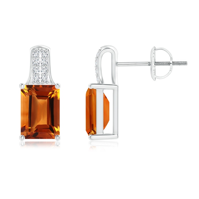 7x5mm AAAA Emerald-Cut Citrine Studs with Diamond Accents in White Gold 