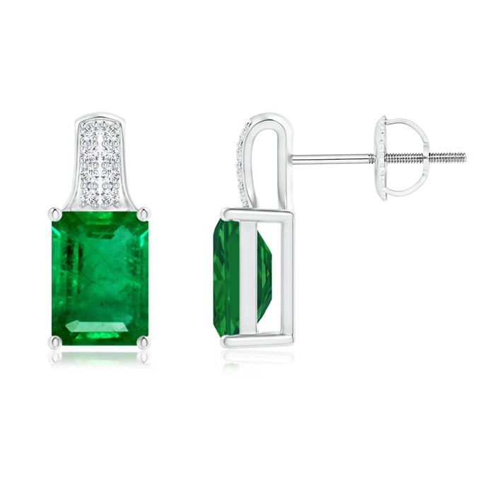 7x5mm AAA Emerald-Cut Emerald Studs with Diamond Accents in White Gold