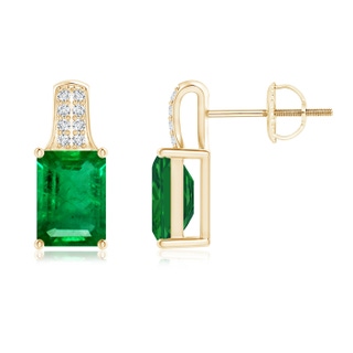 7x5mm AAA Emerald-Cut Emerald Studs with Diamond Accents in Yellow Gold