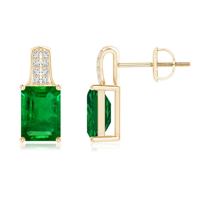 7x5mm AAAA Emerald-Cut Emerald Studs with Diamond Accents in Yellow Gold