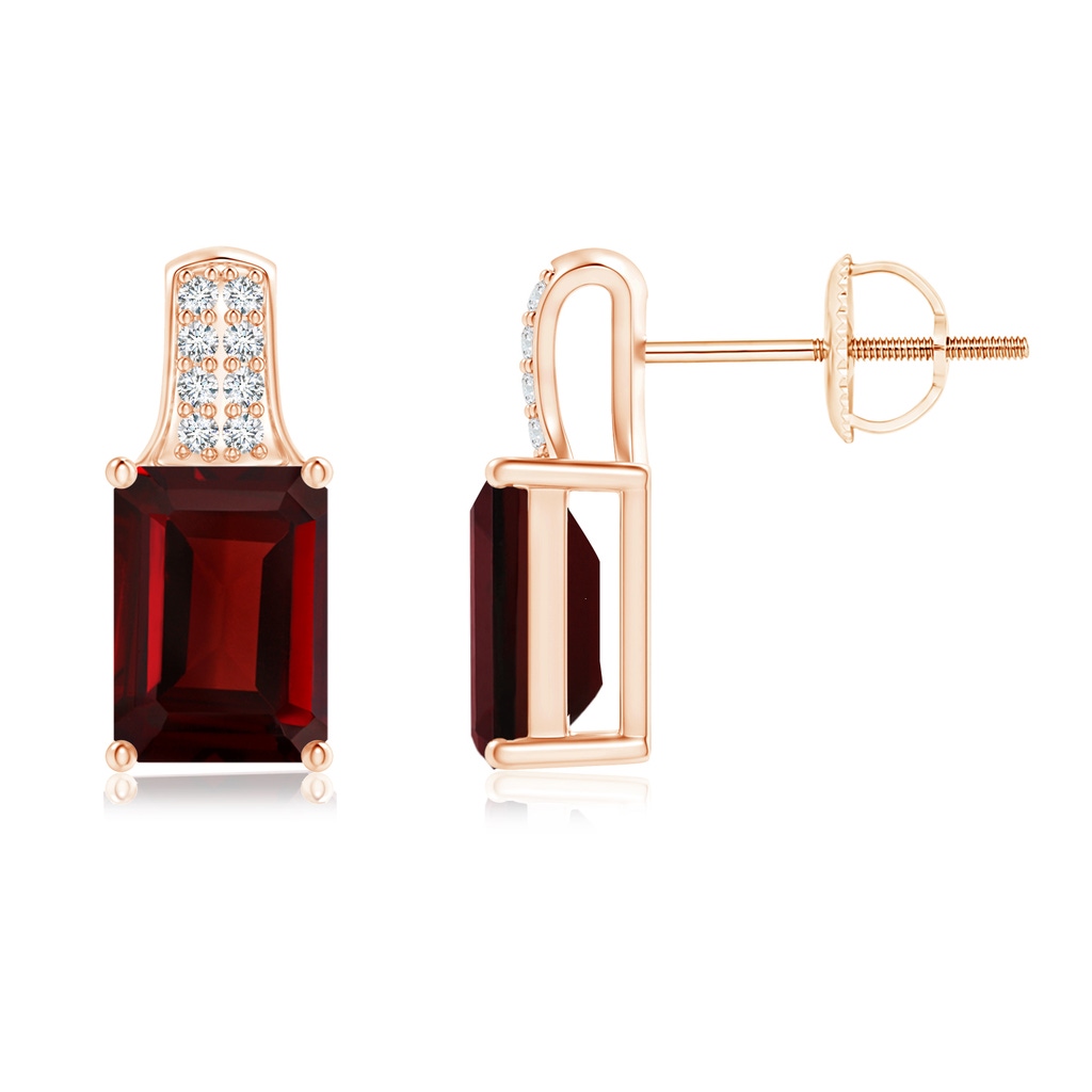 7x5mm AAA Emerald-Cut Garnet Studs with Diamond Accents in Rose Gold