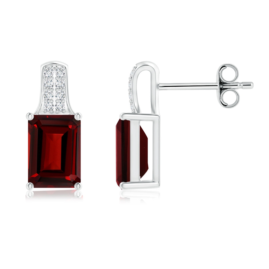 7x5mm AAAA Emerald-Cut Garnet Studs with Diamond Accents in S999 Silver 