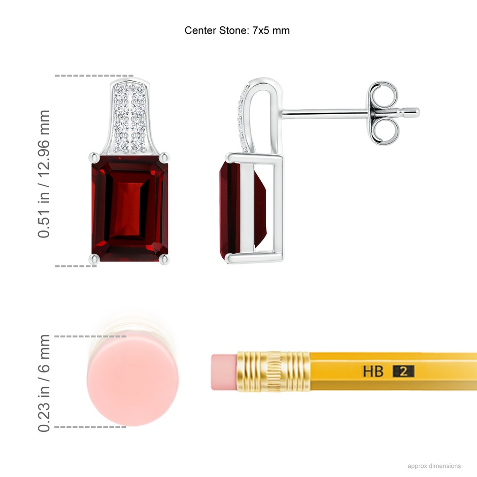 7x5mm AAAA Emerald-Cut Garnet Studs with Diamond Accents in S999 Silver ruler
