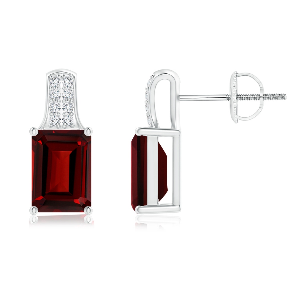 7x5mm AAAA Emerald-Cut Garnet Studs with Diamond Accents in White Gold