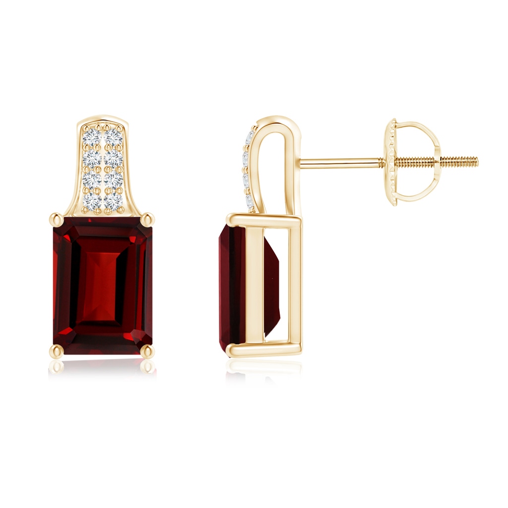 7x5mm AAAA Emerald-Cut Garnet Studs with Diamond Accents in Yellow Gold