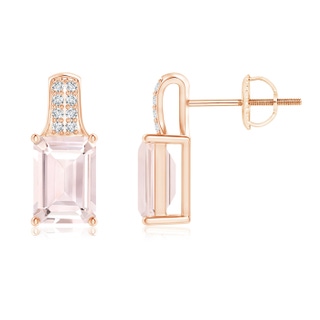 7x5mm A Emerald-Cut Morganite Studs with Diamond Accents in Rose Gold