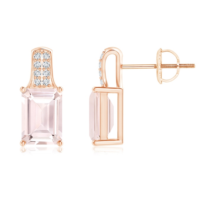 7x5mm A Emerald-Cut Morganite Studs with Diamond Accents in Rose Gold 